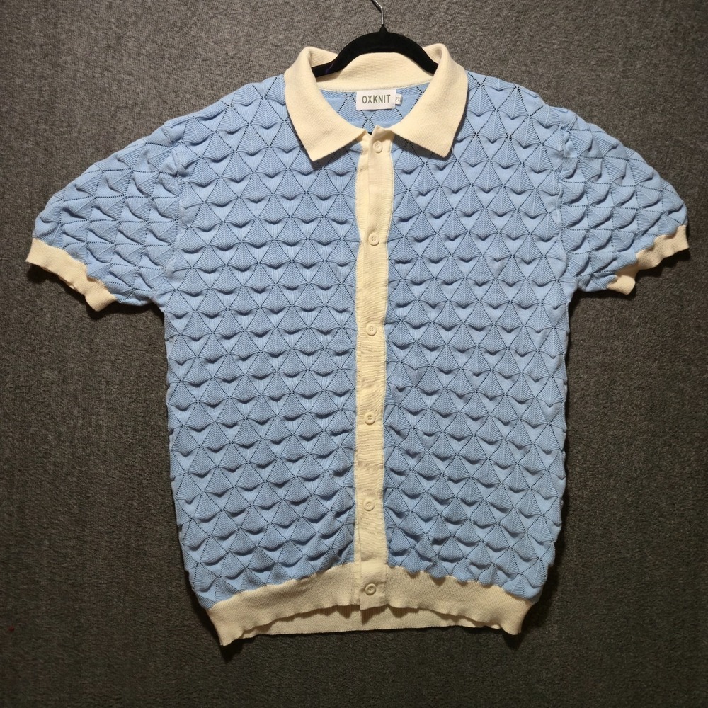 Oxknit Knit Sweater Mens 2XL Vintage Retros 1970s Knit Button Shirt Cream Trim
